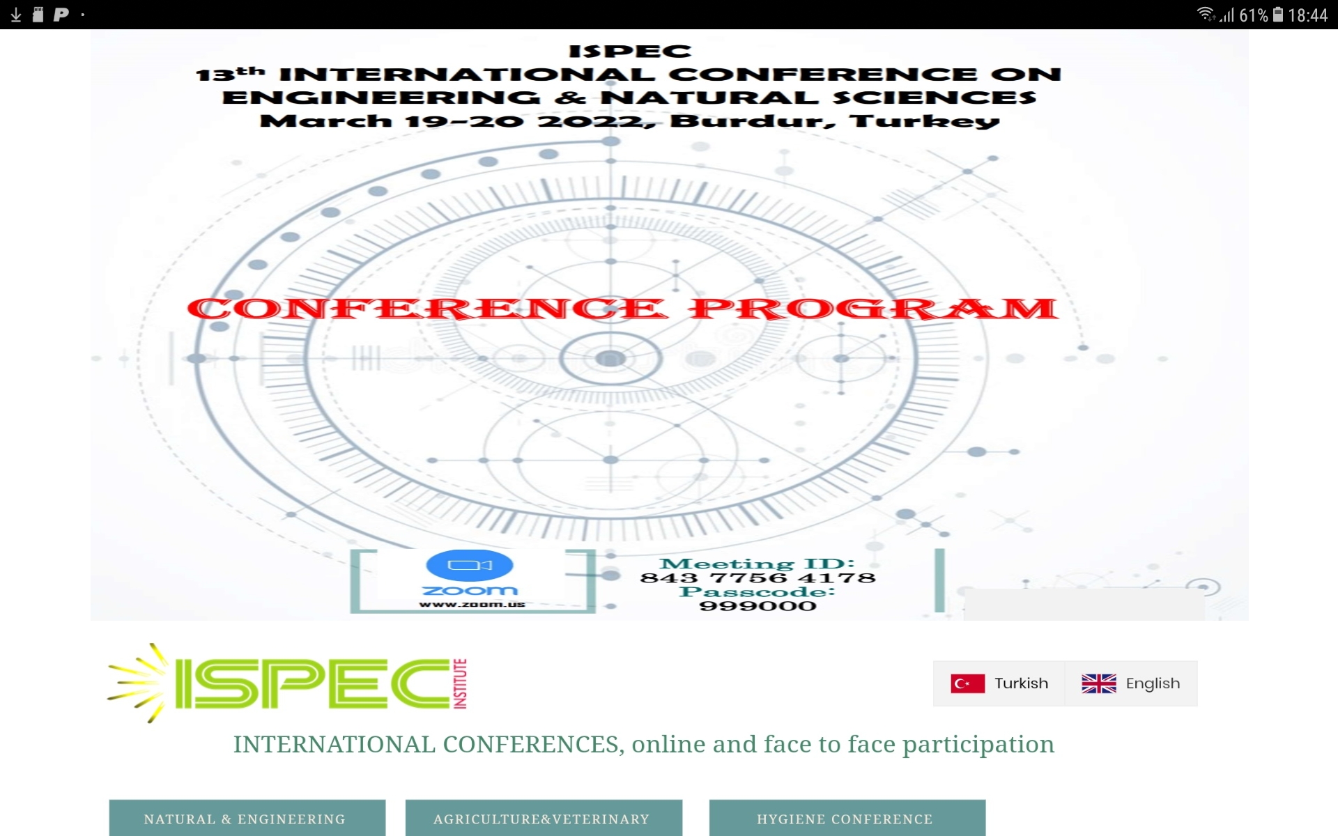 A 13-a conferință internațională ISPEC privind inginerie și științe naturale 19-20 martie 2022 Burdur Turcia